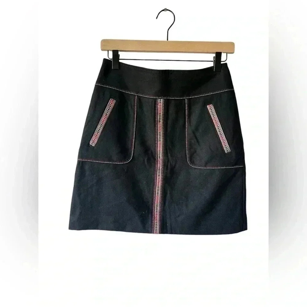 Loft Black Western Embroidered Wool Skirt 0
